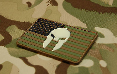 US Spartan Helmet Flag PVC GITD Morale Patch - Woodland
