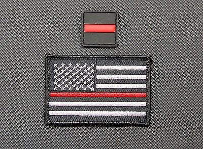 Thin Red Line United States Flag & 3D PVC Button Patch Set Firefighter EMT