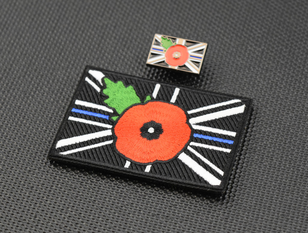 Premium Embroidered UK Thin Blue Line Poppy Union Flag Morale Patch & Pin Set